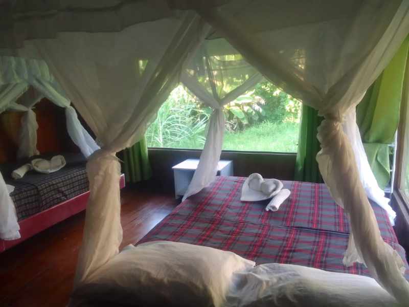 A room at Cuyabeno Kichwa Lodge with Queen bed and twin bed.